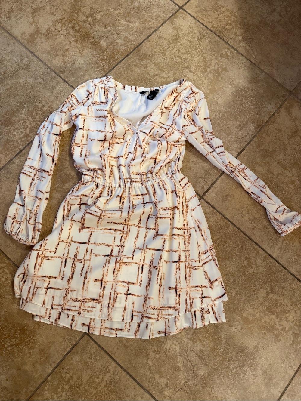 WHBM White and Brown Printed Long-Sleeve Dress
